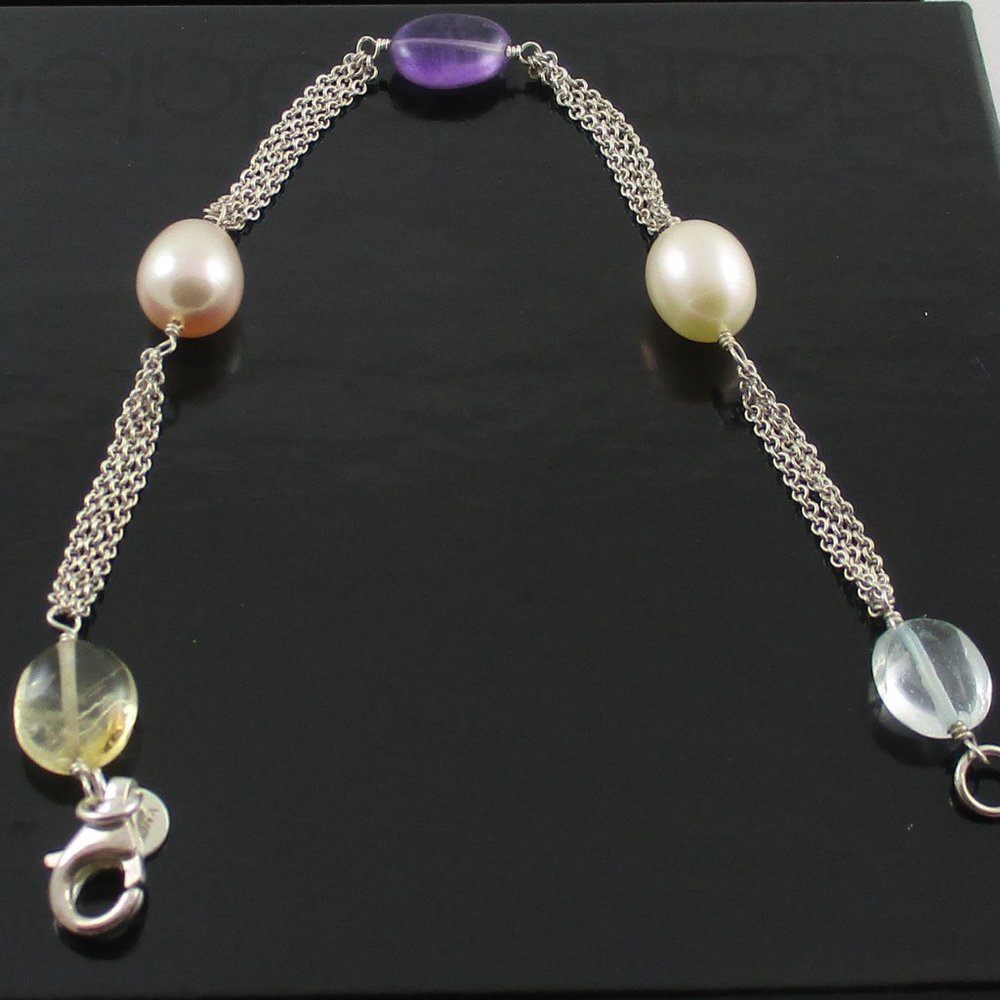 Sterling Silver Triple Chain Pearl & Gem Bracelet